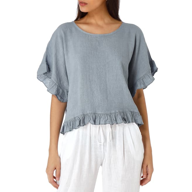 Laycuna London Light Blue Cropped Frill Linen Blouse