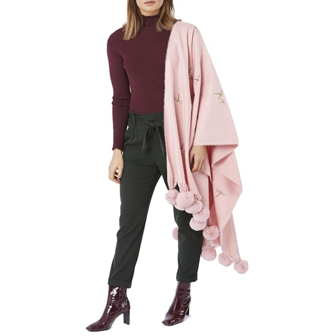 JayLey Collection Pink Cashmere Blend Embroidered Dragonfly Pompom Wrap