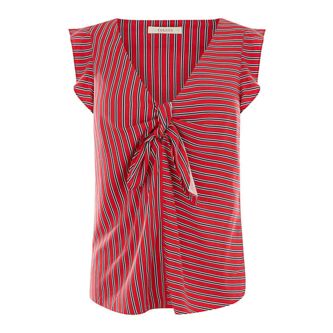Oasis Multi Red Patched Stripe Tie Front Top 