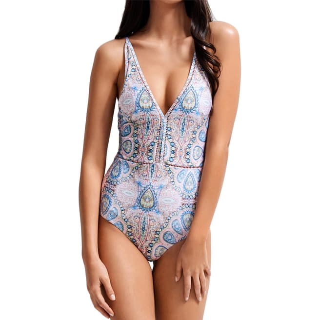 Milea By Seafolly Pink Chinoiserie V Neck Maillot