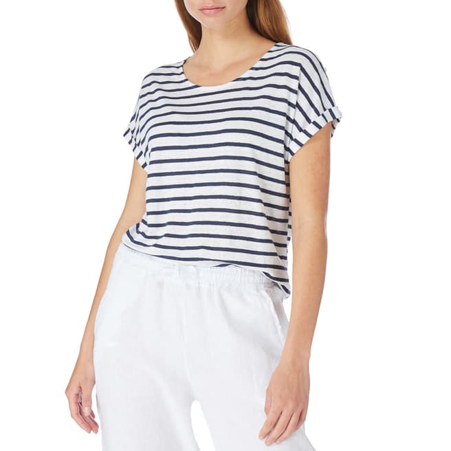 Laycuna London White / Navy Linen Stripe Roll Sleeve T Shirt