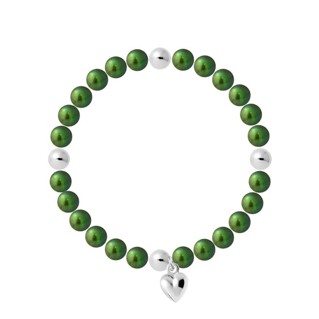 Mitzuko Green Heart Charm Elasticated Pearl Bracelet