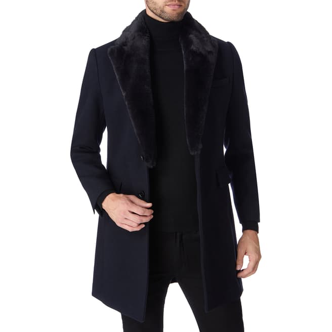 Gianni Feraud Navy Lenin Faux Fur Collared Wool Blend Coat
