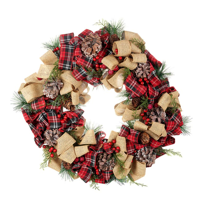 Heaven Sends Wreath With Tartan Bows And Pinecones