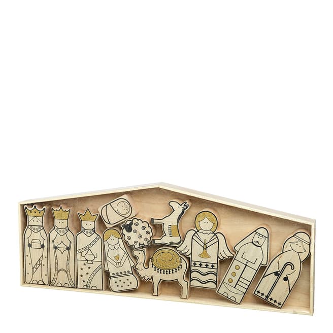 Heaven Sends Wooden Boxed Cartoon Nativity With Gold