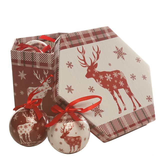 Festive Set Of 14 Red Reindeer Decoupage Balls