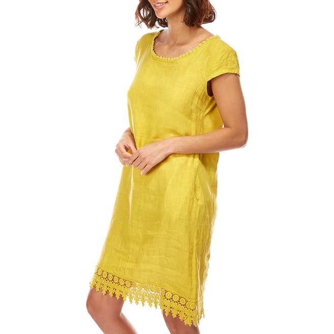 Comptoir Du Lin Yellow Embroidered Linen Shift Dress