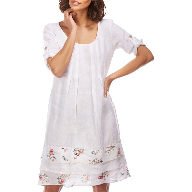 LE MONDE DU LIN White Floral Detail Linen Dress