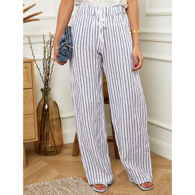 LE MONDE DU LIN White/Blue Stripe Wide Linen Trousers