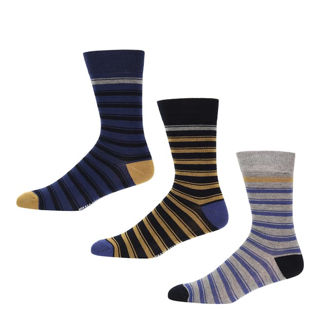Ben Sherman Ensign Blue/Black/Ochre/Grey Stripe 3 Pack Socks