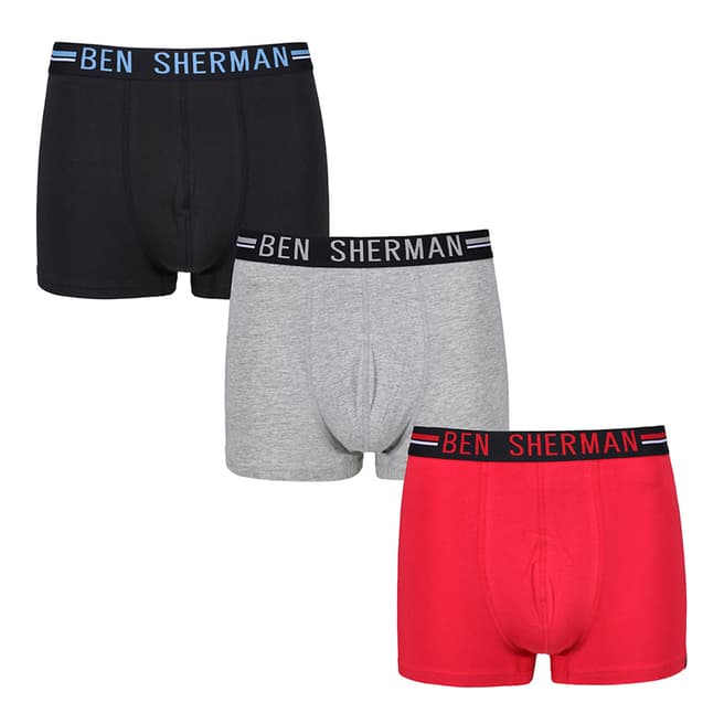 Ben Sherman Grey Marl/Black/Scarlet Sage 3 Pack Boxers