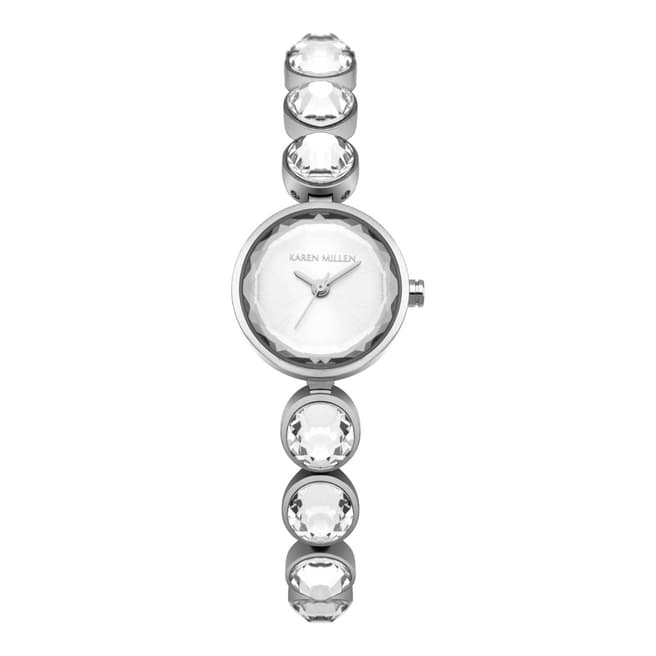 Karen Millen Silver Sunray Polished Stainless Steel with Clear Faceted Stones Bracelet Watch