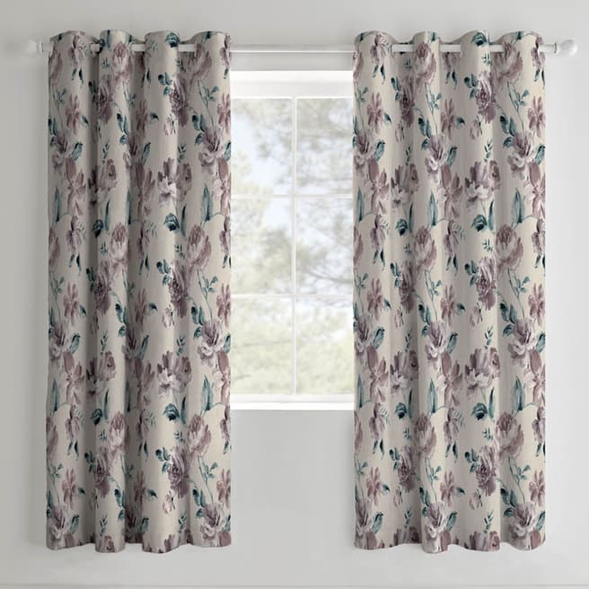 Catherine Lansfield Painted Floral 168x183cm Eyeley Curtains, Plum