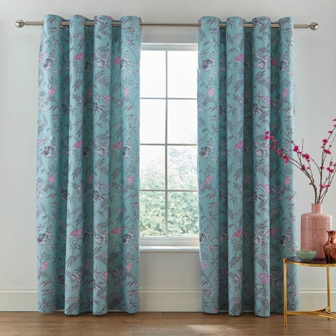 Catherine Lansfield Oriental Butterfly 168x183cm Eyelet Curtains, Duck Egg