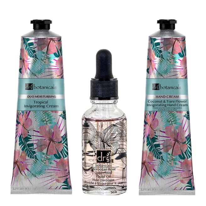 Dr. Botanicals Tropical and Tiare Invigorating Cream and Limited Edition Moroccan Rose Superfood Facial Oil Set