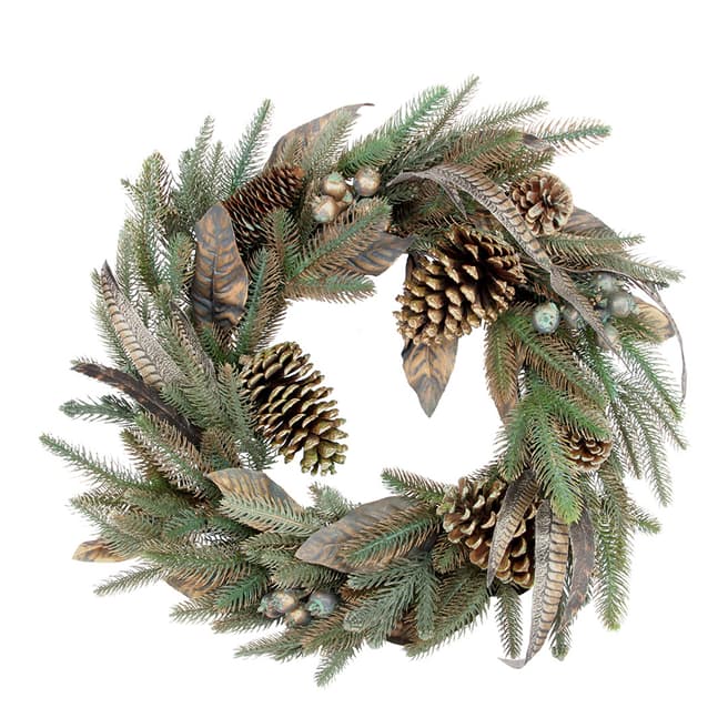 Gisela Graham Copper Dusted Fir Wreath with Cones & Feathers