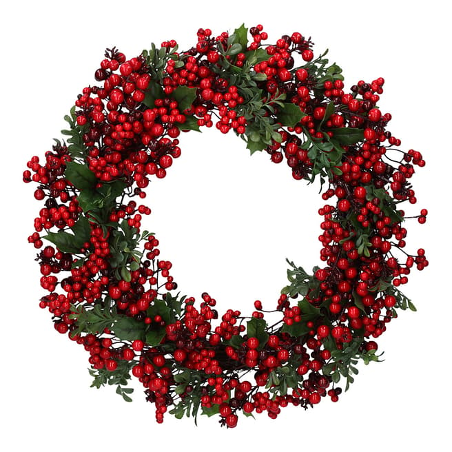 Gisela Graham Green Leaf Wreath with Two-Tone Red Berries