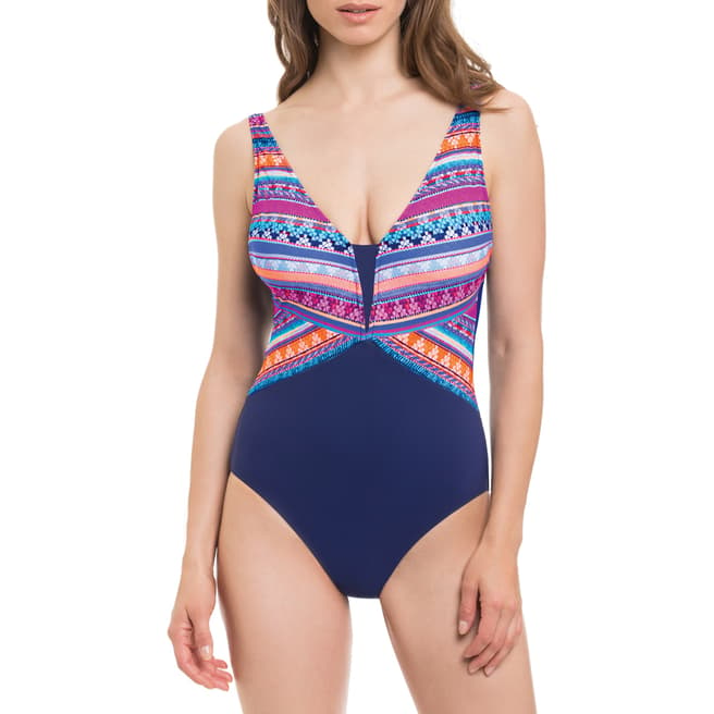 Profile By Gottex Pink/Blue Multi Print Deep V Swimsuit
