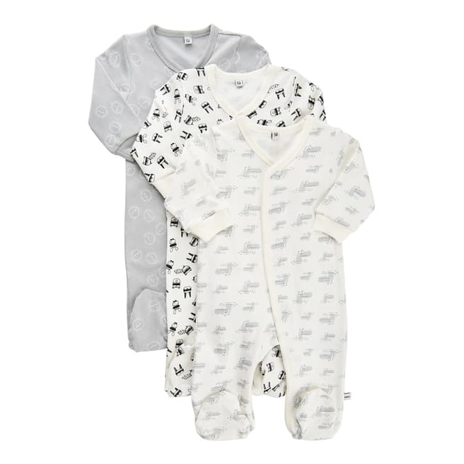 Pippi Set of 3 White/Grey Buttoned Cotton Nightsuits