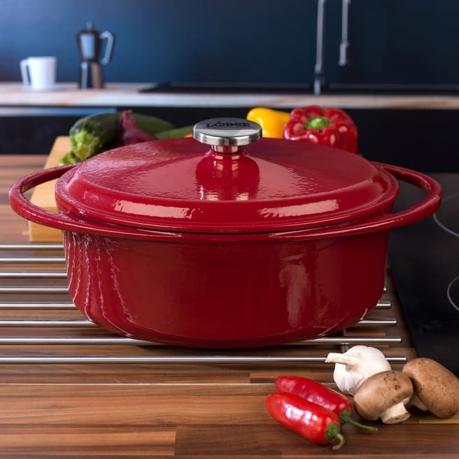 LODGE Red Large Oval Cast Iron Casserole Dish with Lid, 4.7L