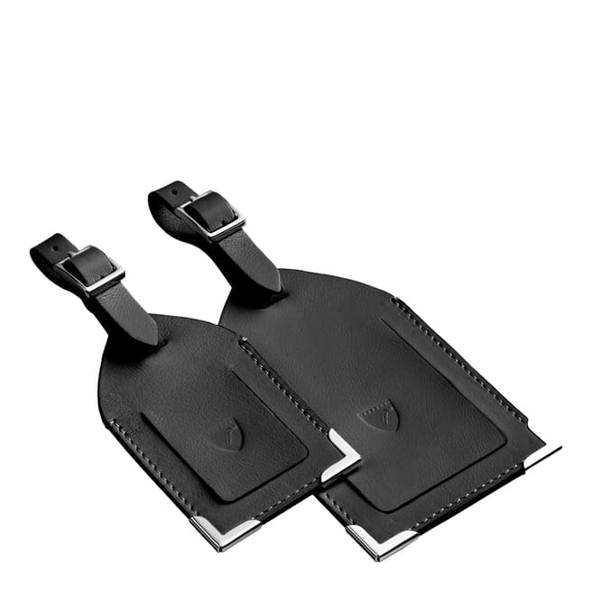 Aspinal of London Set of 2 Black Leather Luggage Tags