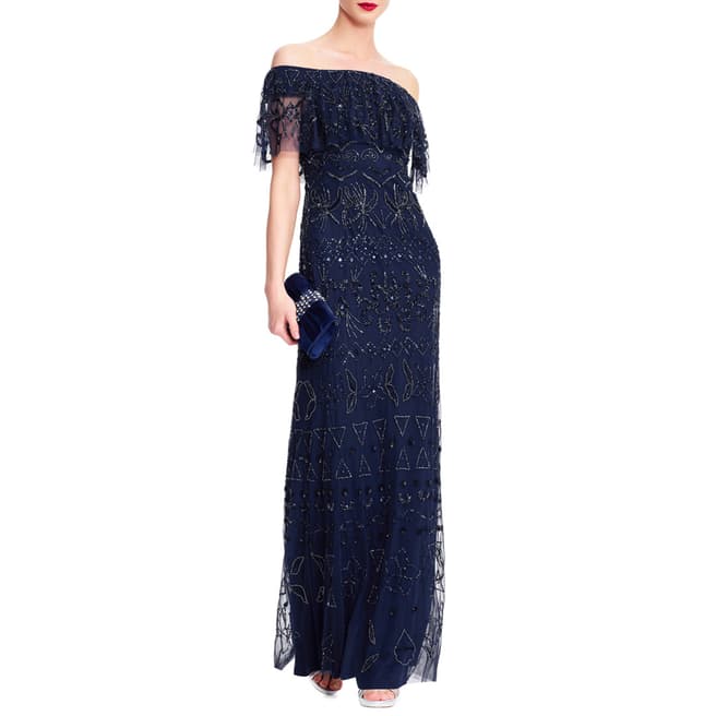 Adrianna Papell Navy Off The Shoulder Beaded Gown