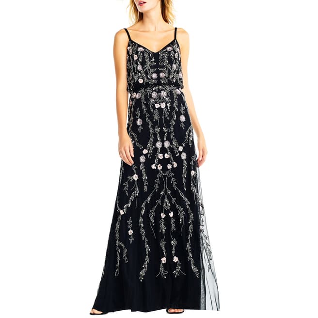 Adrianna Papell Black Multi Floral Bead Blouson Gown
