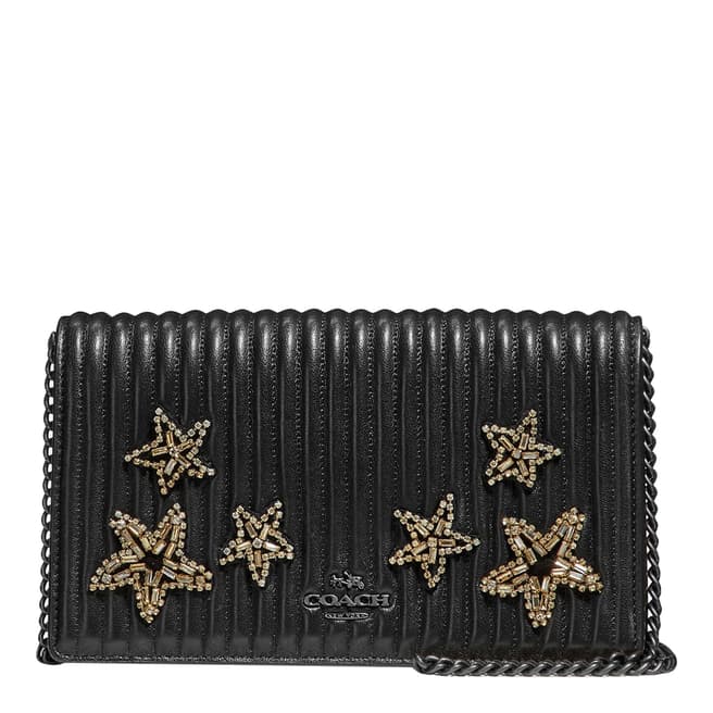 Coach Black Quilted Crystal Embellishment Foldover Chain Clutch