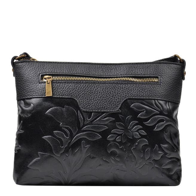 Renata Corsi Black Floral Design Leather Shoulder Bag