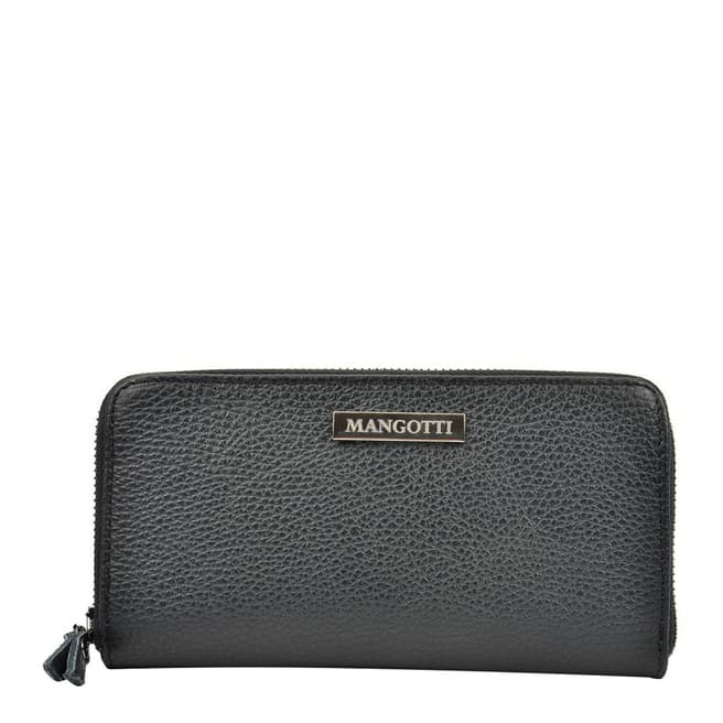 Mangotti Bags Black Grainy Leather Zip Around Wallet
