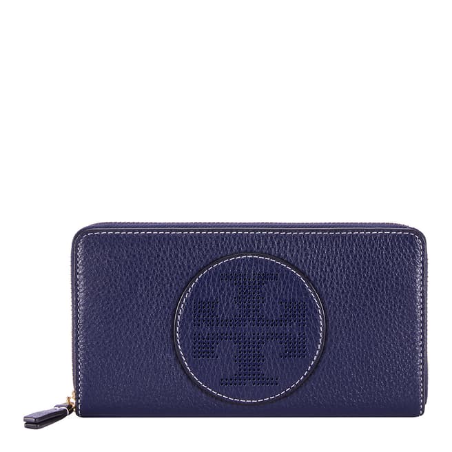 Tory Burch Navy Perforated Logo Zip Continental Wallet