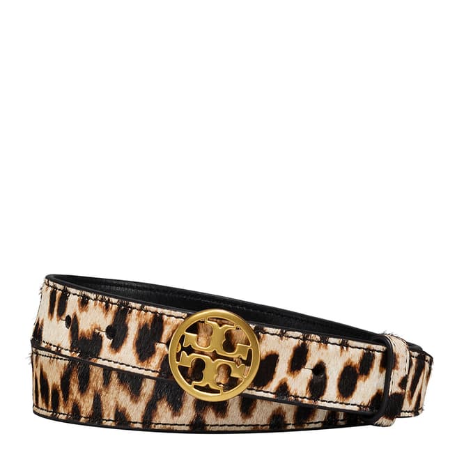 Tory Burch Natural Leopard Printed Calf Hair Logo Belt
