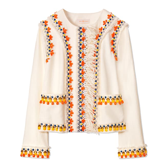 Tory Burch Ivory Eleanor Embellished Linen Jacket
