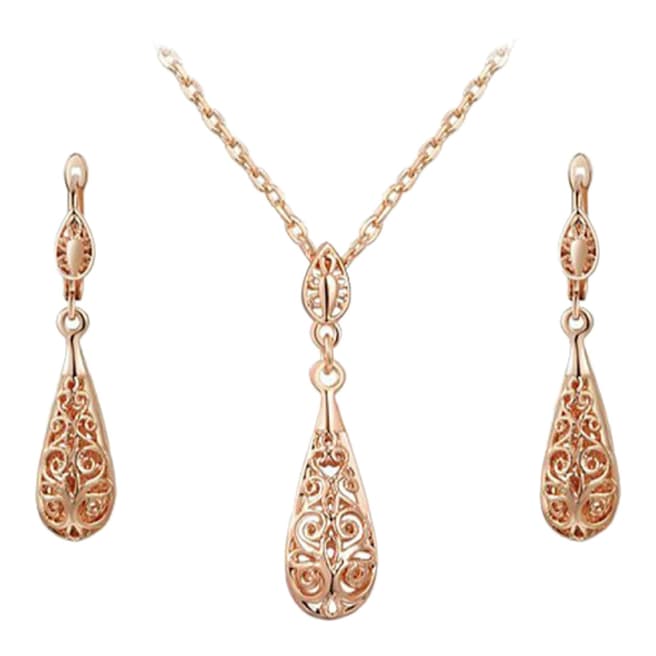 Ma Petite Amie Hollow Tear Drop Necklace And Earrings Set with Swarovski Crystals