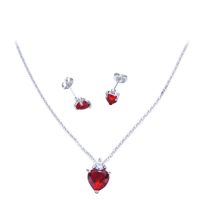Ma Petite Amie Silver Plated Ruby Heart Necklace And Earrings Set with Swarovski Crystals