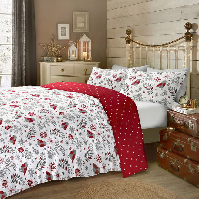Fusion Scandi Christmas Robin Double Duvet Cover Set, Red