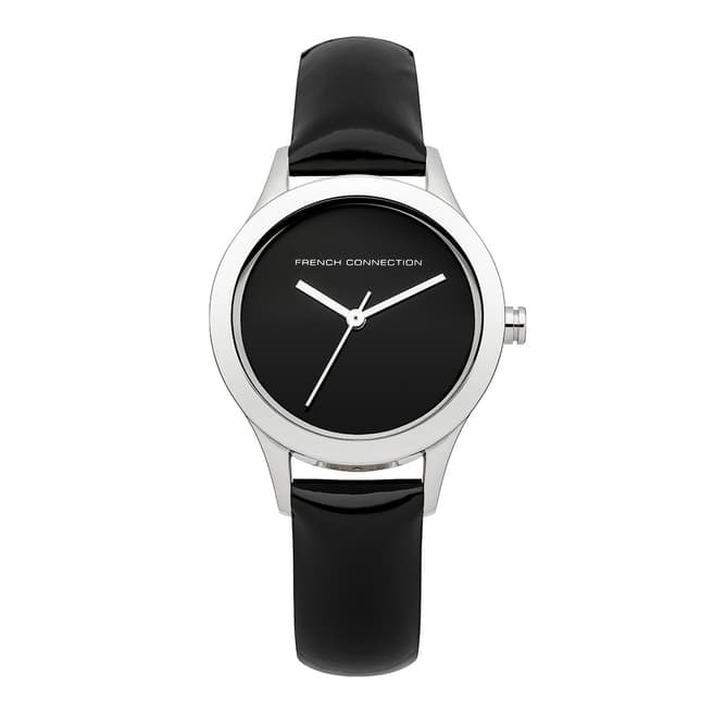 French Connection Black Leather Silver Round Watch