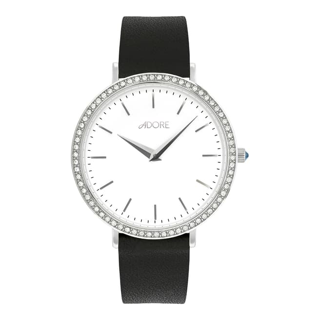 Adore by Swarovski® Black Silver Brilliance Leather Watch 33mm