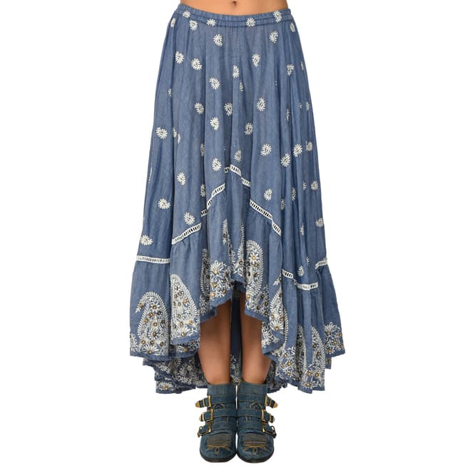 Miss June Blue Denim Embroidered Cotton Skirt