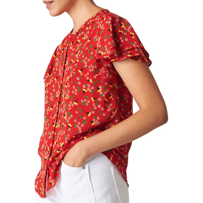 WHISTLES Red Peony Print Frill Top