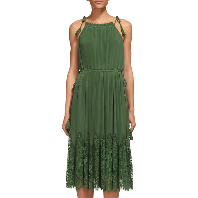 WHISTLES Green Lilian Pleated Lace Dress