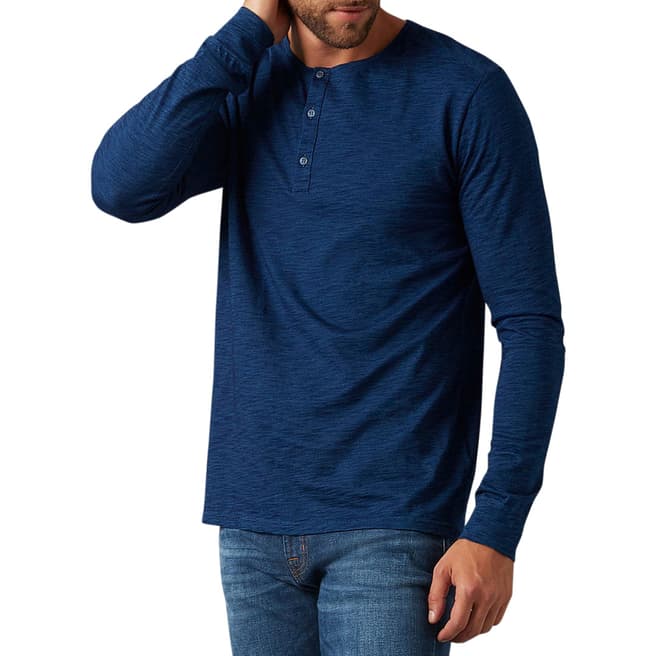 7 For All Mankind Indigo Cotton Henley Long Sleeved Tee