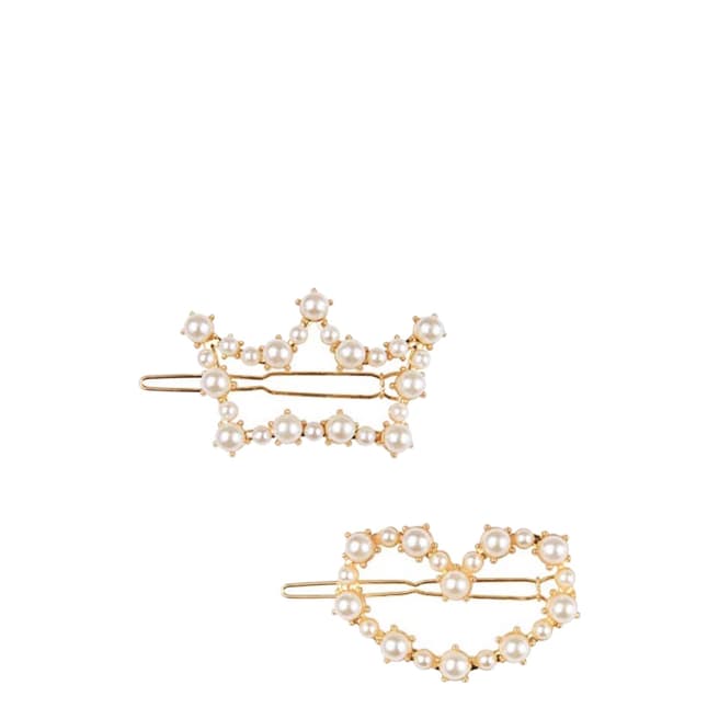 White label by Liv Oliver Multi Gold Plated Crown & Heart Barrettes Set of 2