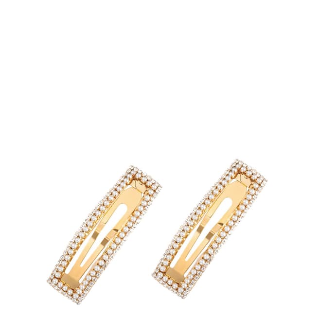 White label by Liv Oliver Gold Plated Pearl Crystal Barrettes Set of 2