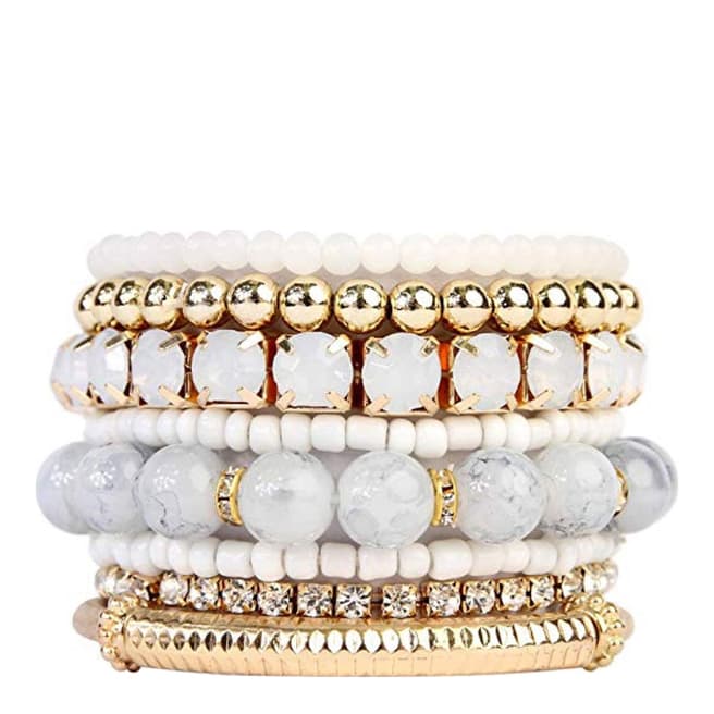 Liv Oliver 18K Gold Plated Multi White Bead & Crystal Bracelet Set