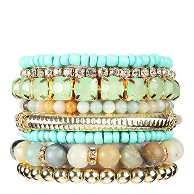 Liv Oliver 18K Gold Plated Multi Sea Green & Turquoise Crystal Bracelet Set