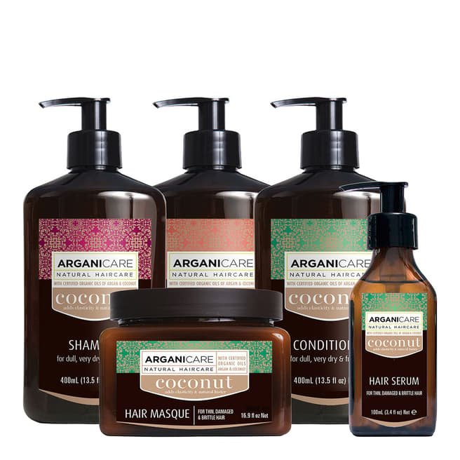 Arganicare Extreme Nourishing Kit 5 pcs -Coco 
 For Frizzy, Dull & very Dry Hair 
-Shampoo 400 ml
- Conditioner 400 ml 
-Hair Mask 500 ml
- Hair serum 100 ml
- Leave in conditioner 400 ml
