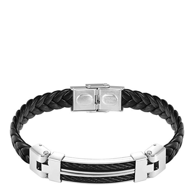 Stephen Oliver Silver Plated Black Leather Two Tone Bracelet