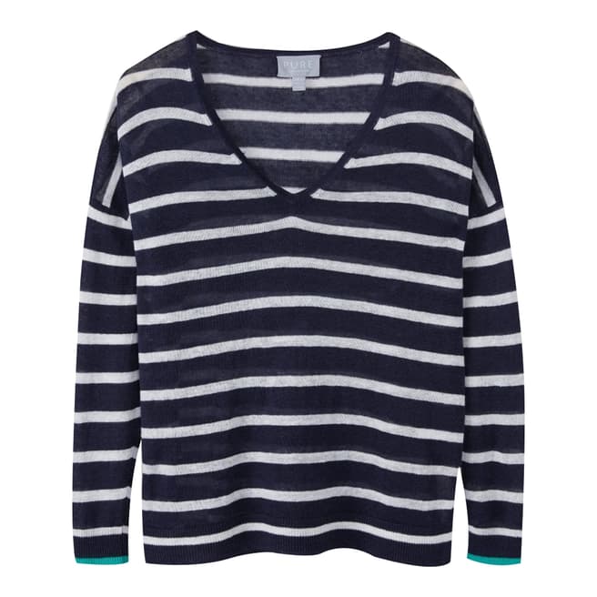 Pure Collection Navy/White Linen V-Neck Sweater