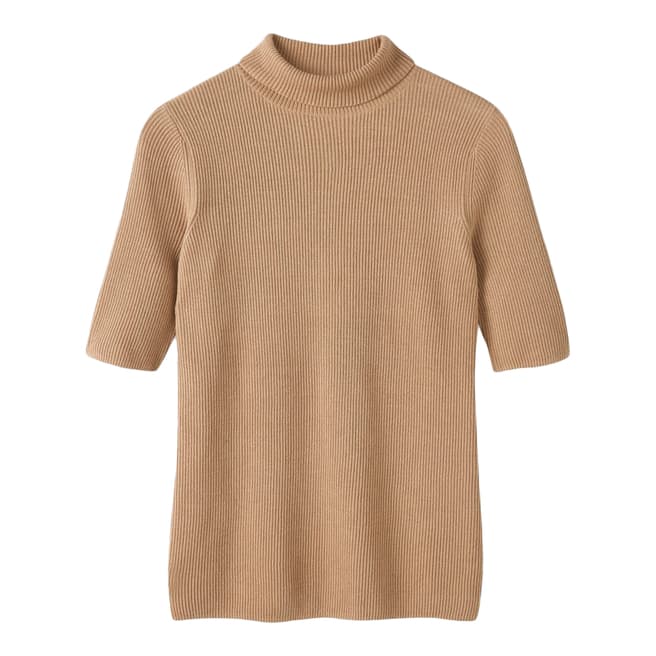Pure Collection Beige Ribbed Roll Neck T-Shirt